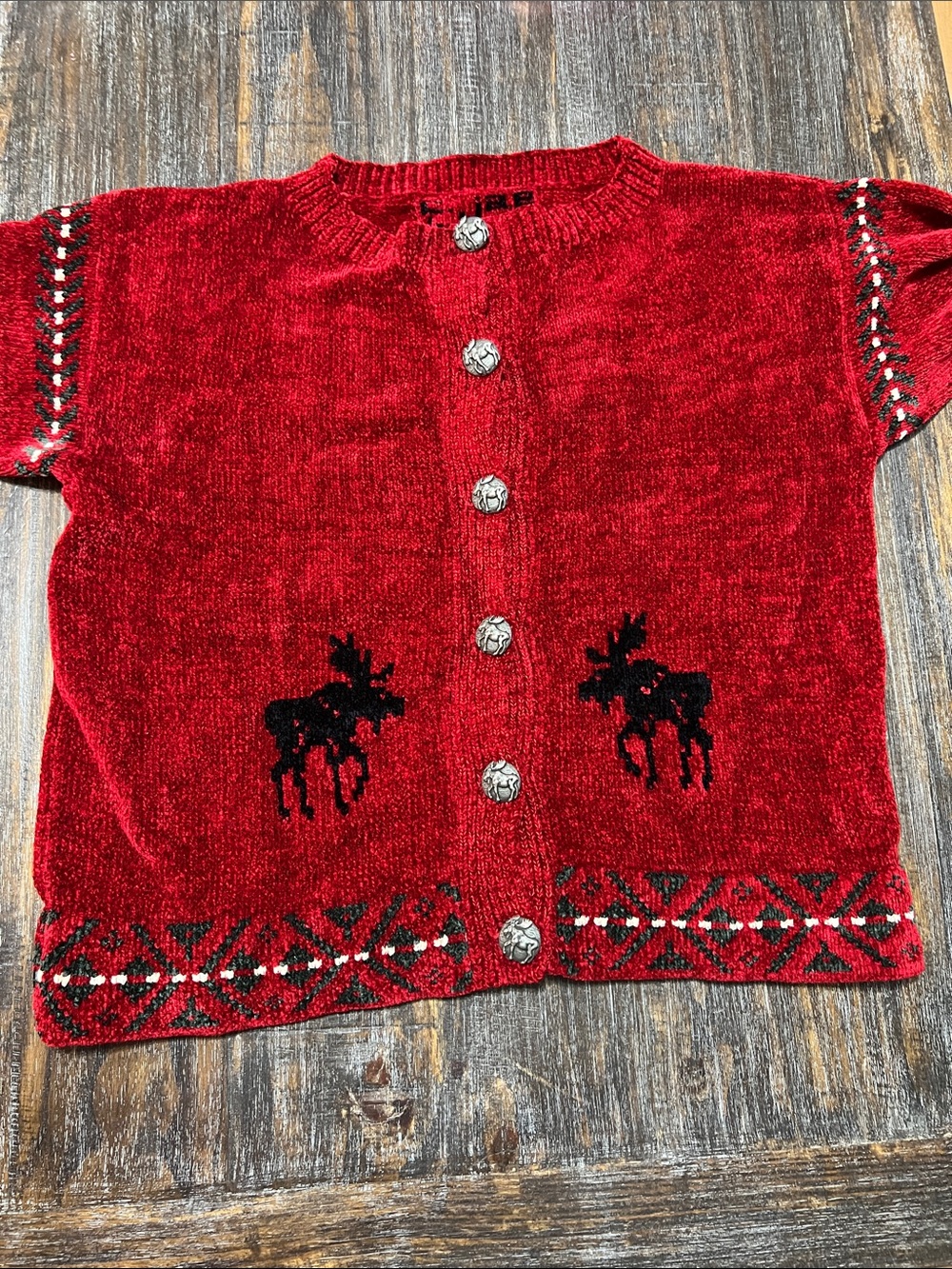 Vintage C. Jae Knits Holiday Sweater. Red with Moose.